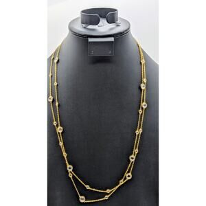 52" Long Gold Tone Bezel Set Small & Larger Glass Crystal Station Chain Necklace